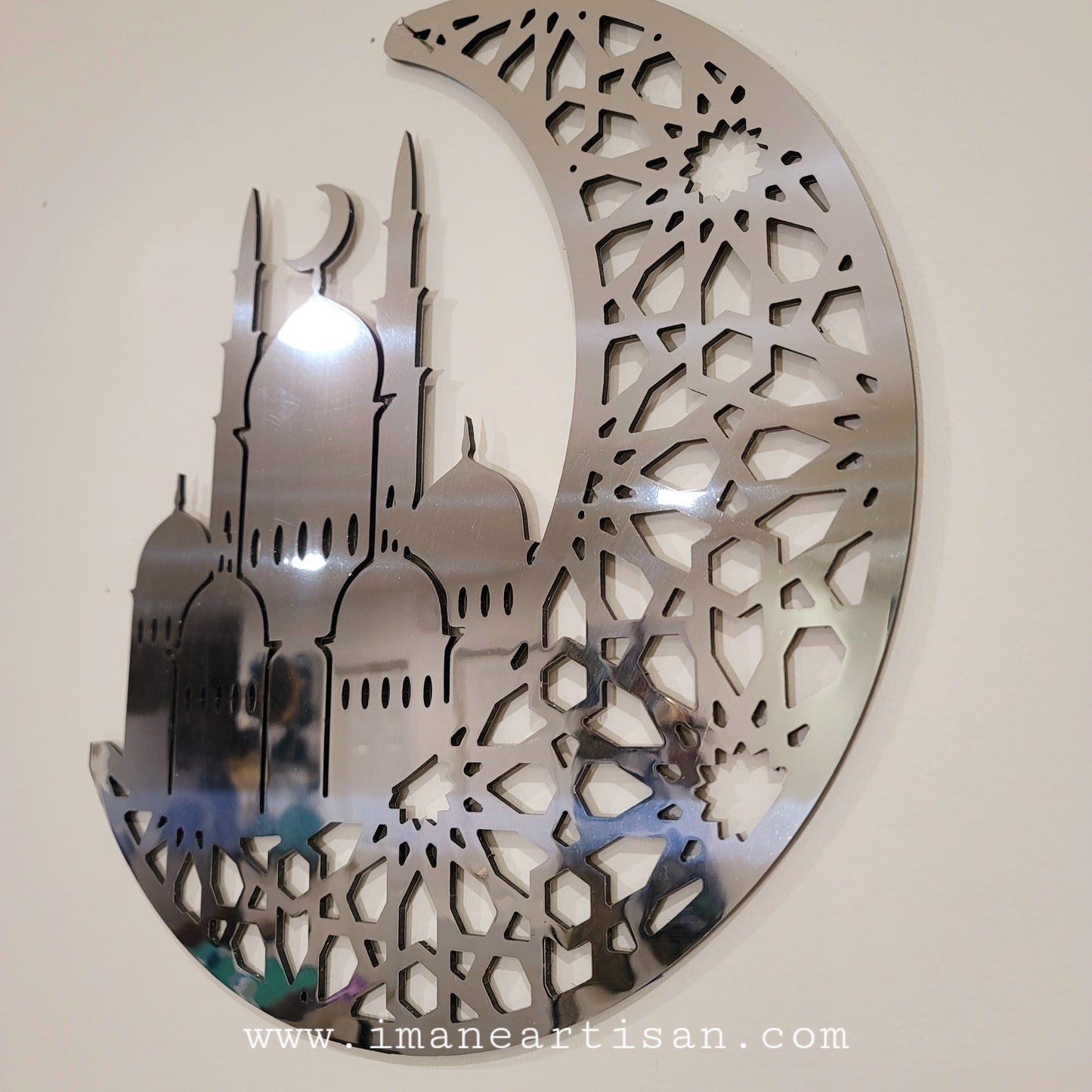 RD-007/ Ramadan decoration Moon masjid Islamic Arabic Calligraghy Arabesque Design/ Wall Art Decor Gold Silver Mirror Effect Alucobond Metal